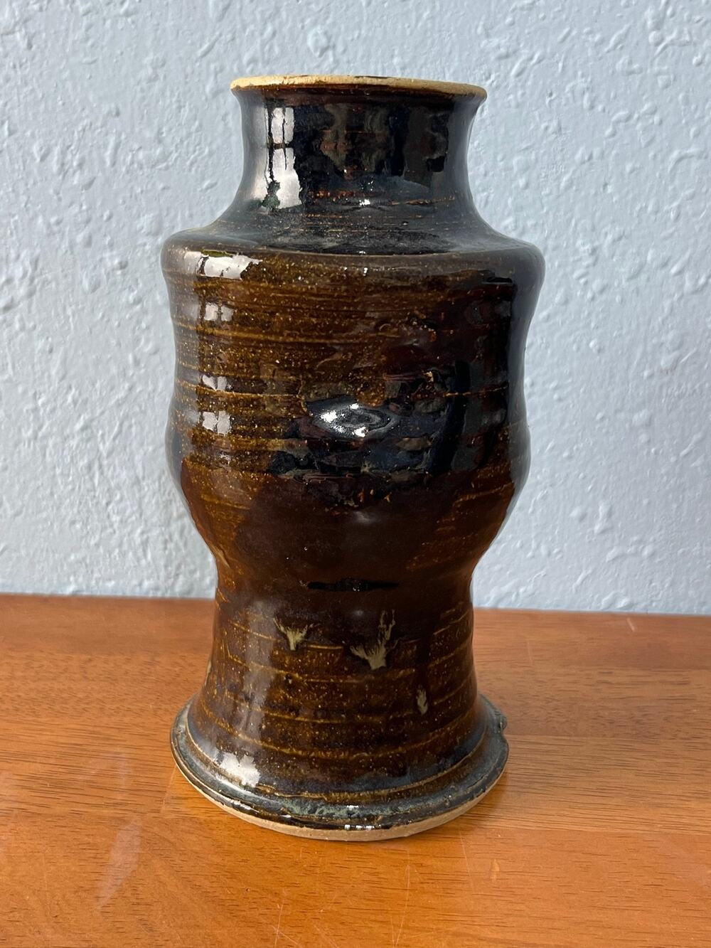 VTG Art Pottery Vase Hand Thrown Brown Glazed Stoneware Signed